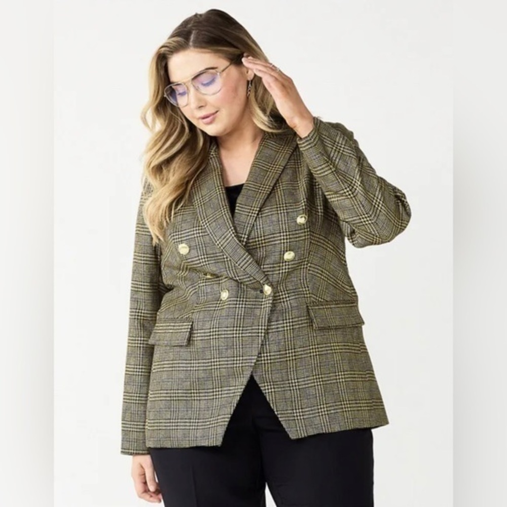 Nine West Double Breasted Blazer Women's Gold Plaid 